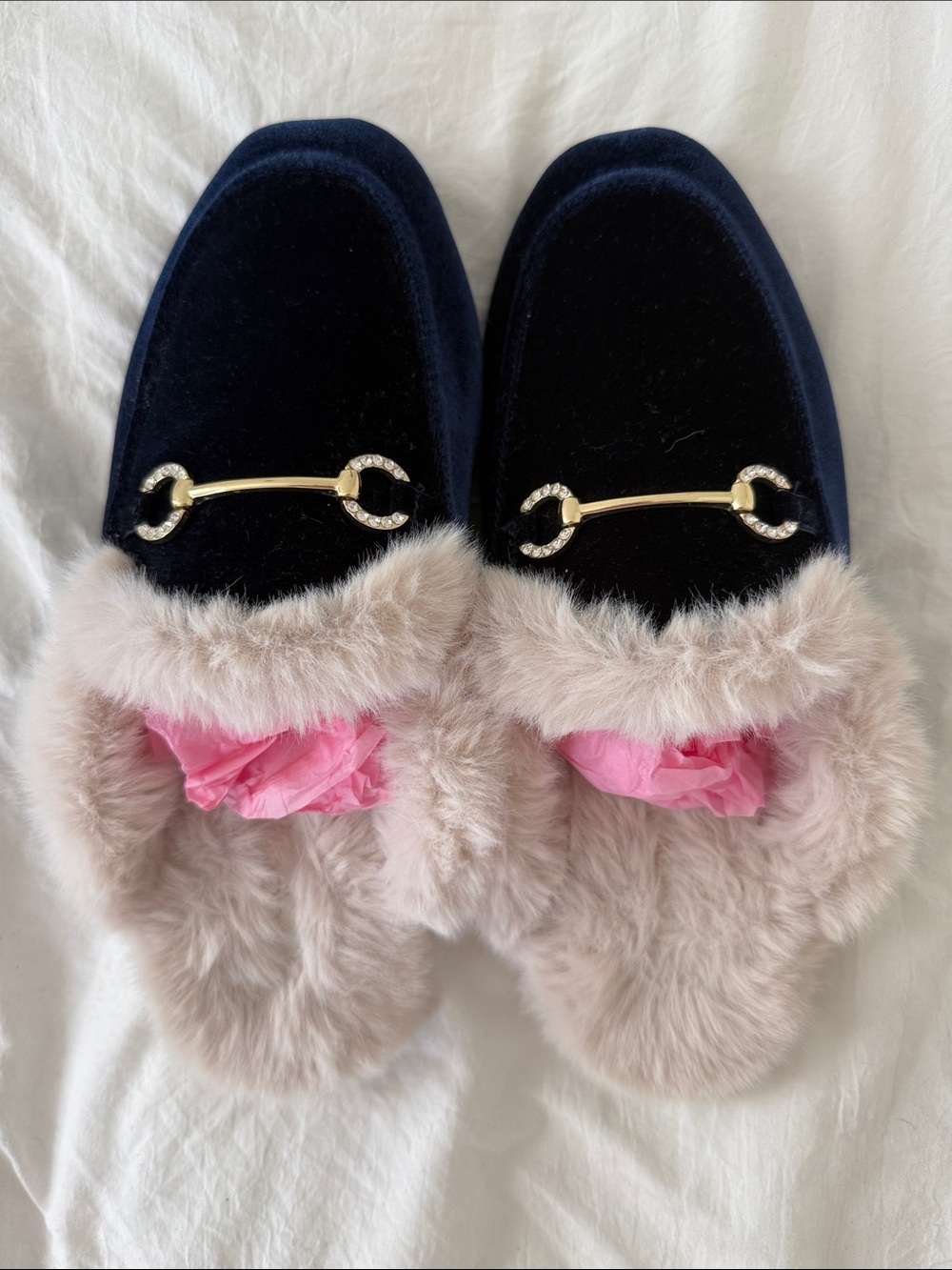 Jcrew velvet navy slides with horsebit detail